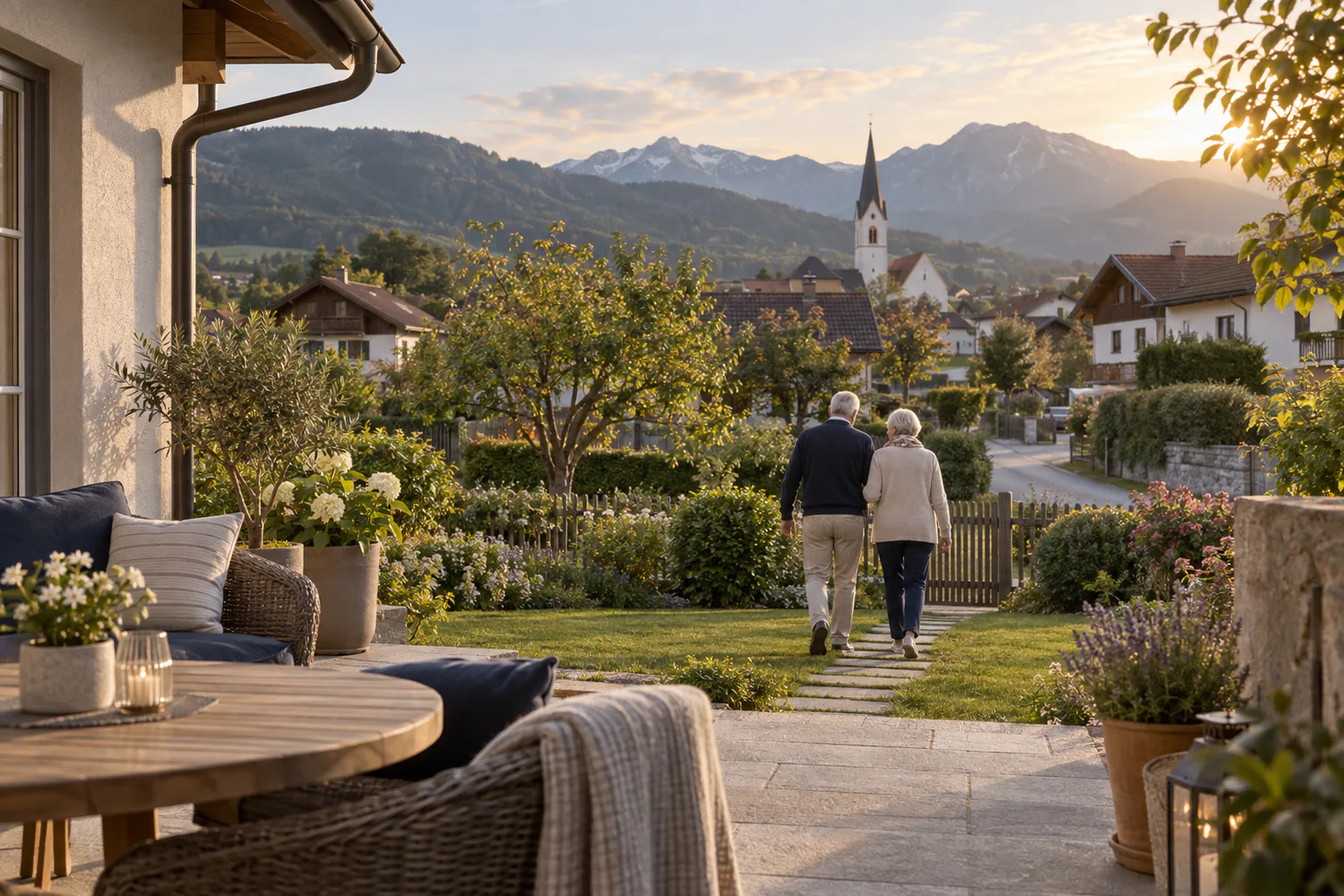 Älteres Paar geht durch den Garten eines Hauses in einem österreichischen Ort